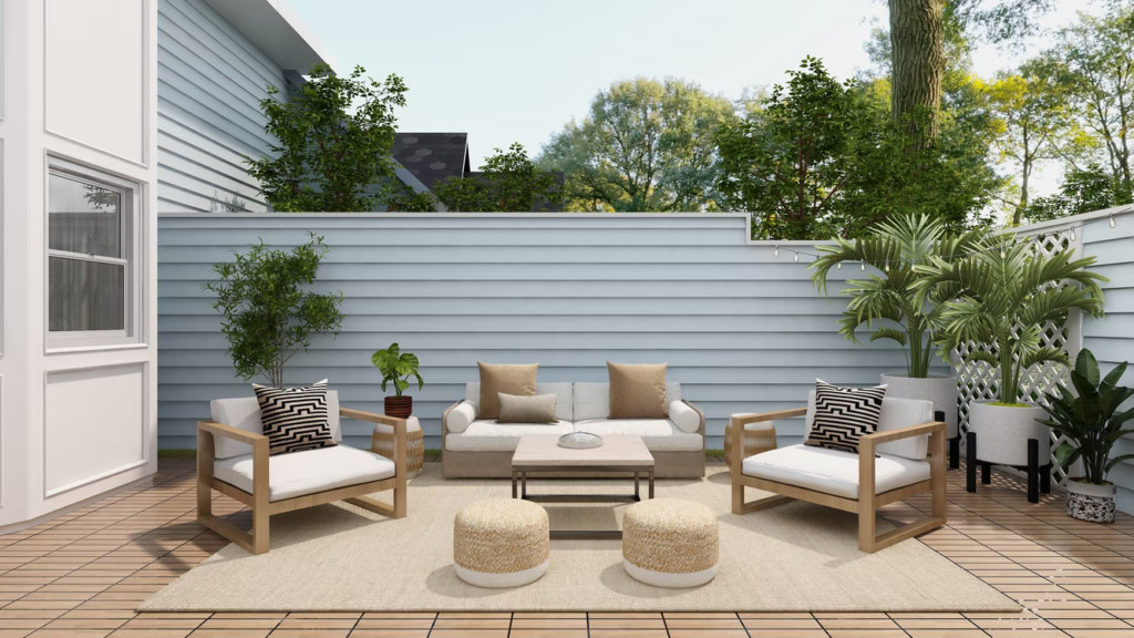  A patio with furniture and plants 