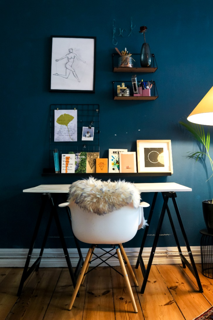  Home office with dark blue wall
